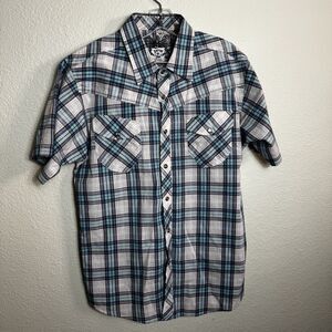Indigo Star Men's Short Sleeve Plaid Snaps Size‎ L Indigo Rodeo on Back